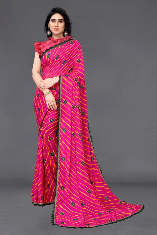 Printed, Self Design, Woven, Embellished, Floral Print, Dyed Bandhani Georgette, Chiffon Saree  (Pink)