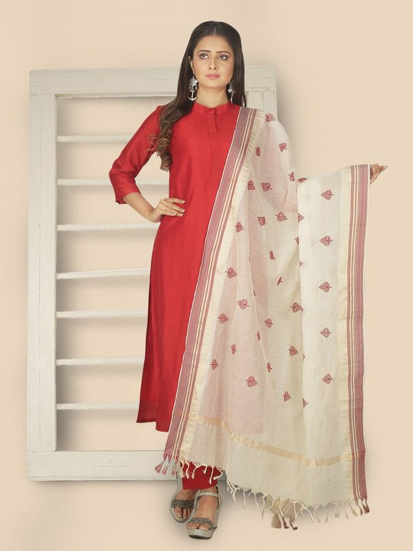 Pure Cotton Embellished Beige Women Dupatta