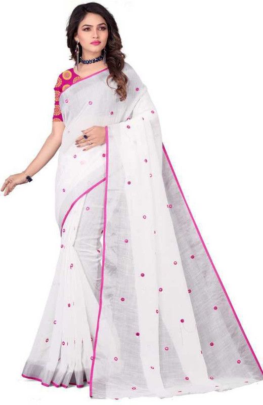 Embroidered Chanderi Cotton Linen Saree  (White, Pink)