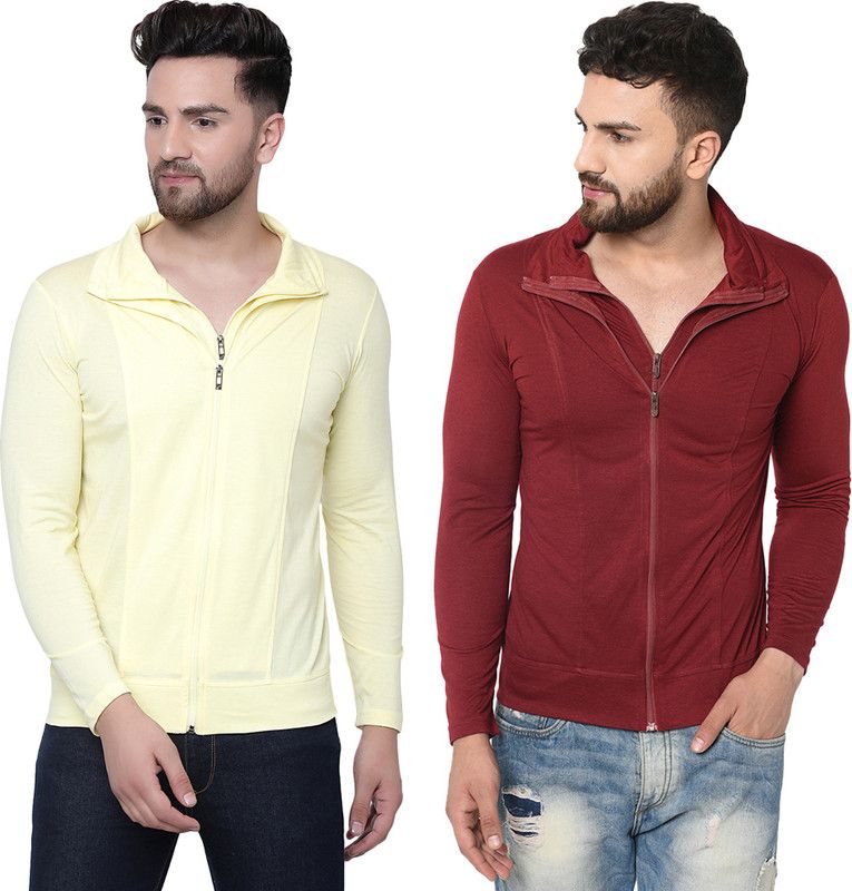 Pack of 2 Men Solid High Neck Cotton Blend Maroon, Yellow T-Shirt