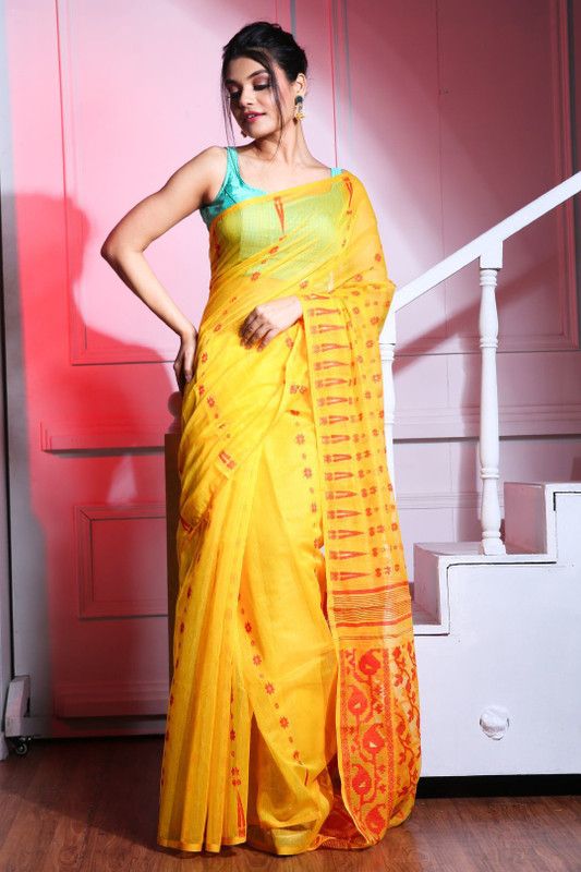 Printed Handloom Cotton Silk Saree  (Yellow)