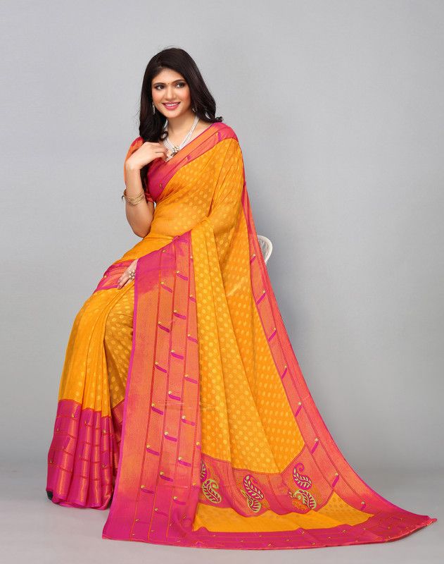 Woven, Paisley, Self Design, Polka Print, Floral Print, Geometric Print Mysore Brasso Saree  (Yellow, Pink)