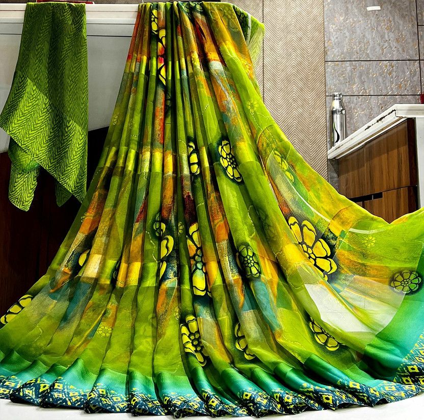 Printed, Animal Print, Polka Print, Striped, Floral Print, Ombre, Woven, Checkered, Color Block Kovai Georgette, Crepe Saree  (Yellow, Green)
