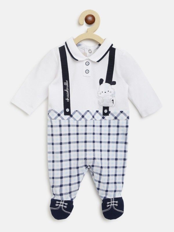 Baby Boys Checkered Cotton Blend Kids Nightwear  (White Pack of 1)