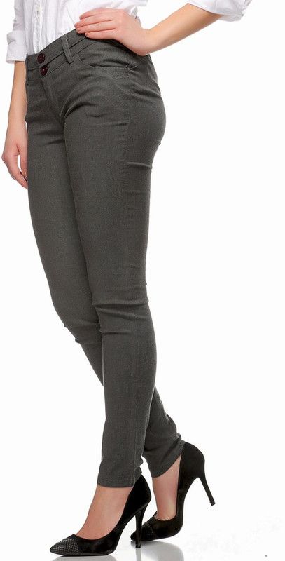 Women Slim Fit Green, Grey Cotton Blend Trousers
