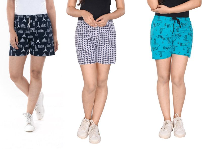 Pack of 3 Printed Women Dark Blue, Grey, Dark Green Basic Shorts, Night Shorts, Basic Shorts, Regular Shorts