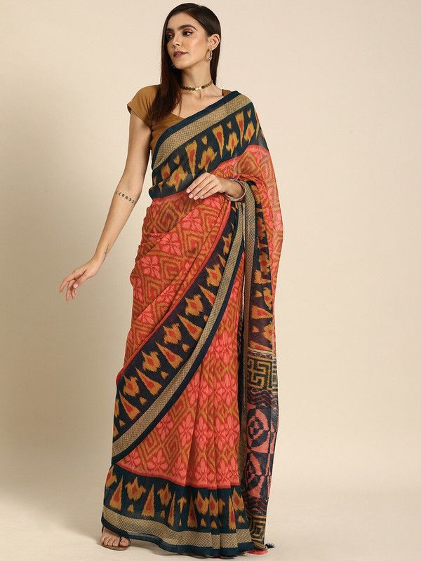 Printed Ikkat Silk Blend Saree  (Maroon)