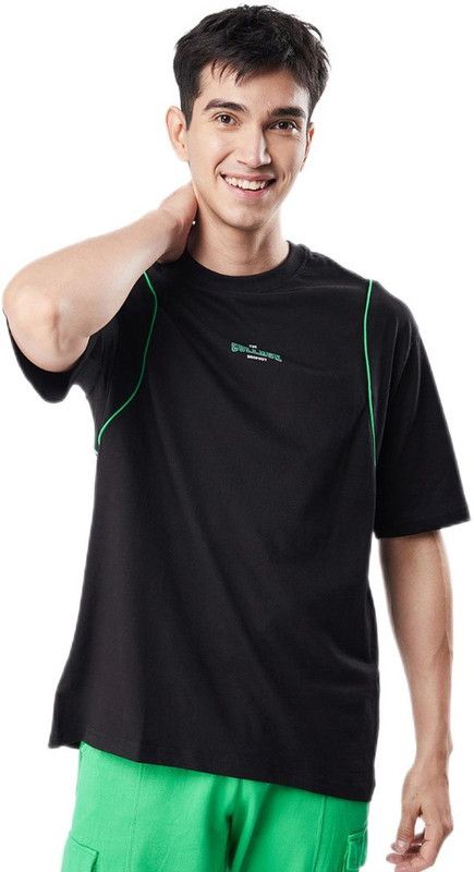 Men's Black College Typography Oversized Piping T-shirt Men Printed Round Neck Pure Cotton Black T-Shirt