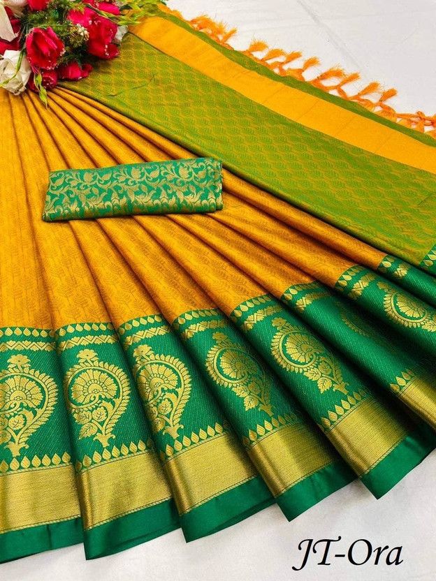 Self Design Kanjivaram Jacquard Saree  (Yellow, Green)