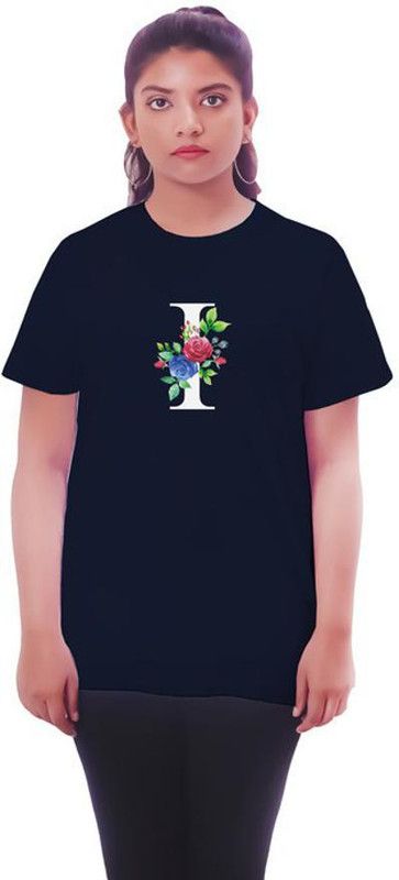 Floral Alphabet I Half Sleeve Boyfriend Navy Blue T-shirt For Women Women Floral Print Round Neck Pure Cotton Navy Blue T-Shirt