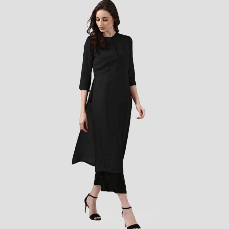 Women Self Design Chiffon Pakistani Kurta  (Black)