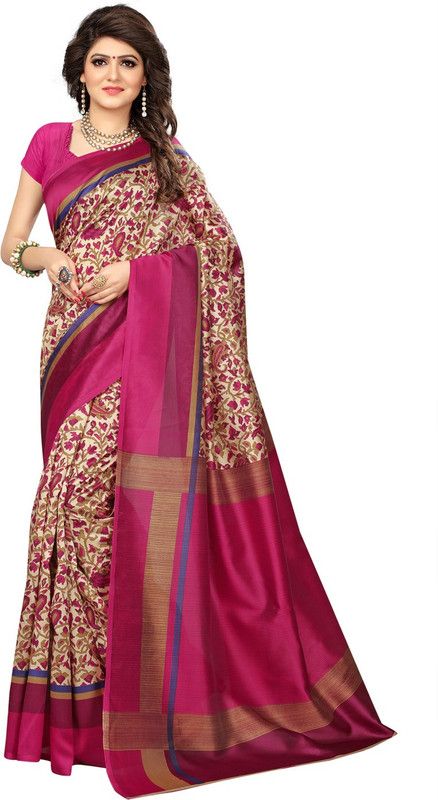 Printed Mysore Silk Blend Saree  (Pink)