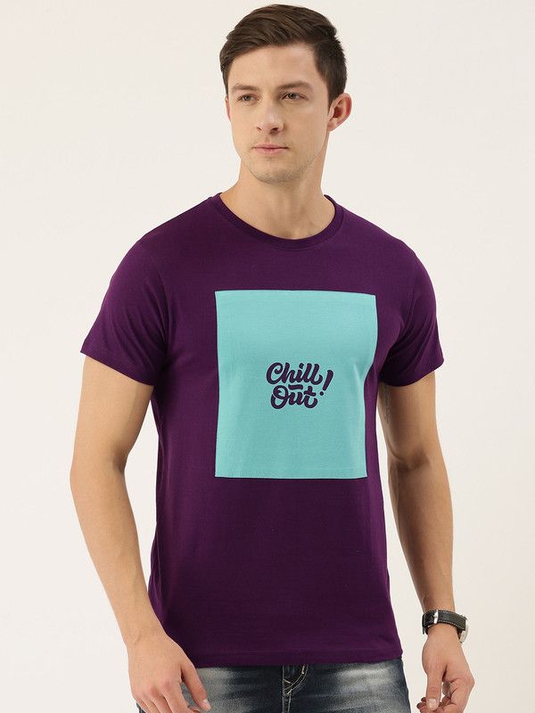 Men Colorblock Round Neck Pure Cotton Purple T-Shirt