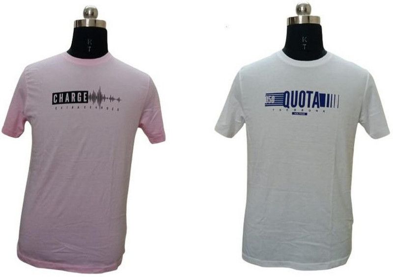 Pack of 2 Men Self Design Round Neck Cotton Blend White, Pink T-Shirt