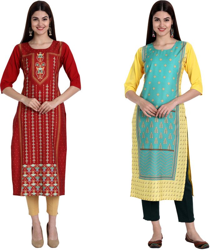 Women Printed Kurta  (Yellow, Maroon)