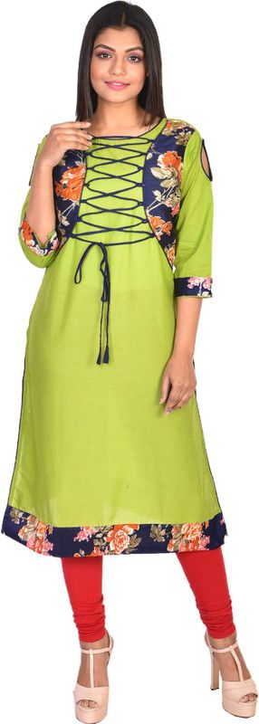 Women Printed Cotton Blend Straight Kurta  (Green, Blue)
