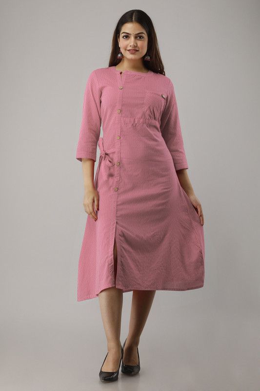 Women Self Design Cotton Blend Frontslit Kurta  (Pink)