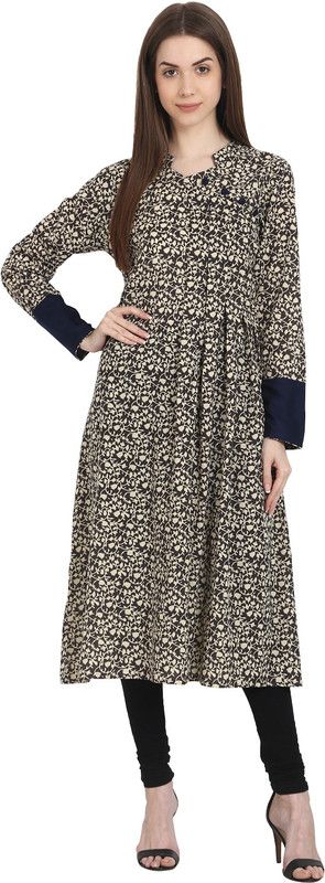 Women Printed Cotton Rayon A-line Kurta  (White, Brown)