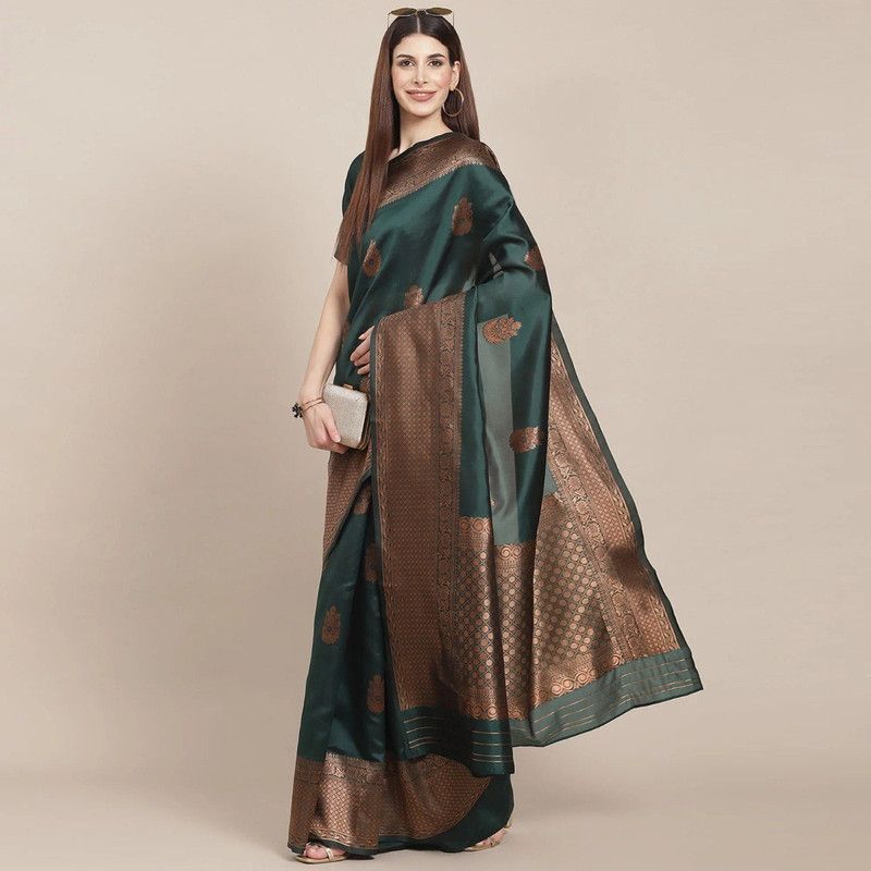 Striped, Solid/Plain Banarasi Cotton Silk Saree  (Green)