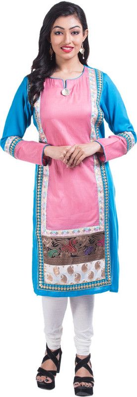 Women Solid Cotton Blend A-line Kurta  (Blue, Pink)