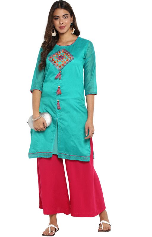 Women Solid Chanderi Straight Kurta  (Light Green)