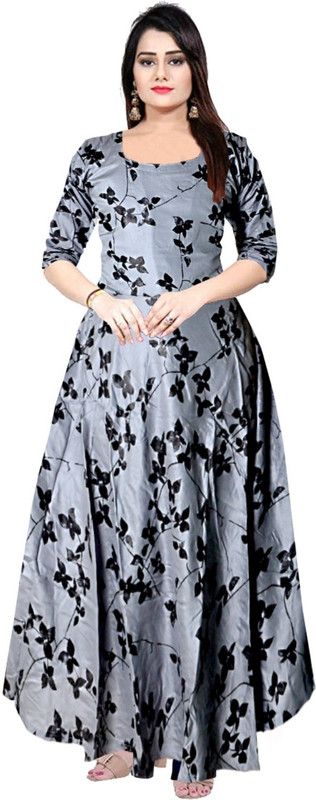 Printed Rayon Blend Stitched Flared/A-line Gown  (Grey)