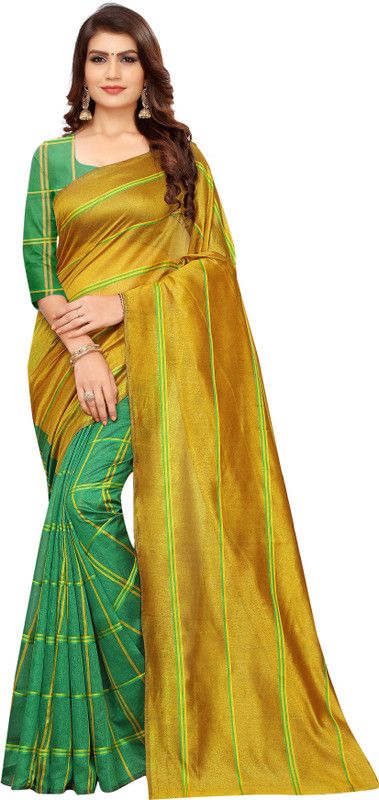 Self Design, Printed, Checkered Mysore Cotton Silk Saree  (Yellow)