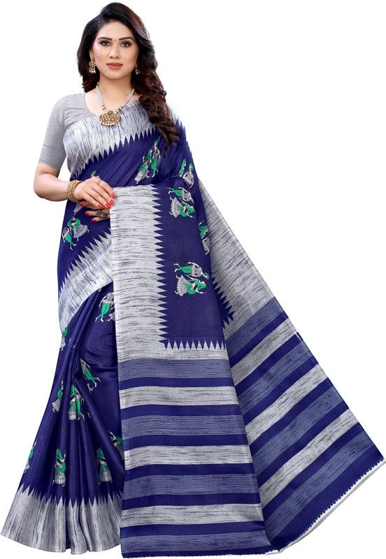 Striped Ikkat Art Silk Saree  (Blue)