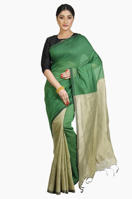 Color Block Handloom Handloom Cotton Linen Saree  (Green)