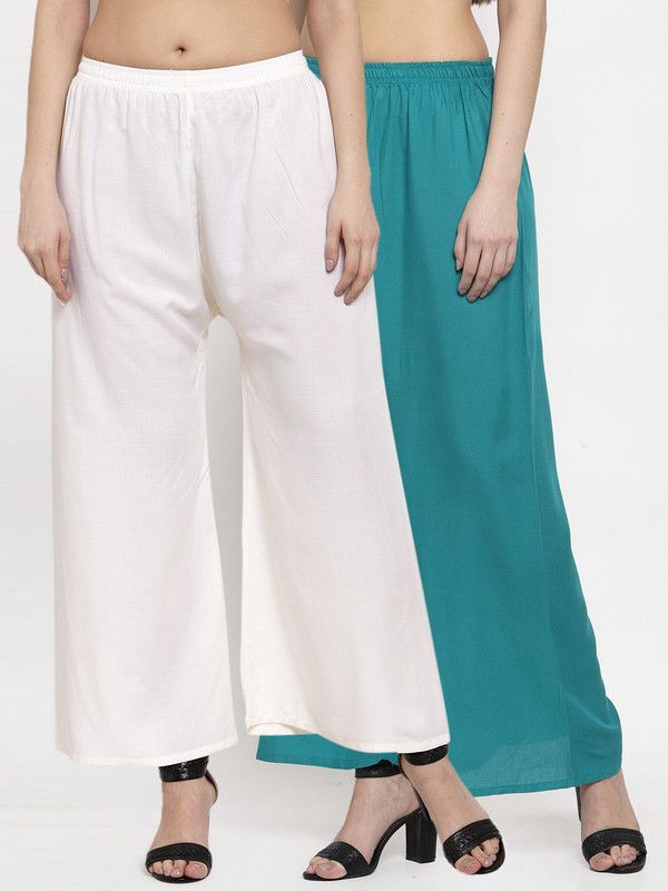 Pack of 2 Women Relaxed Green, White Cotton Blend Trousers