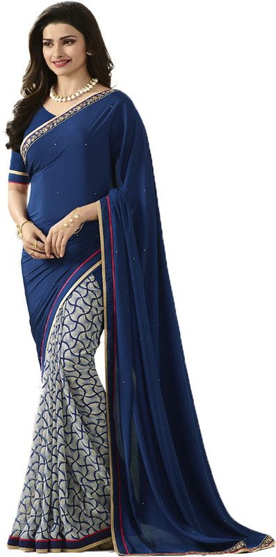 Printed Bollywood Georgette, Chiffon Saree  (Dark Blue)