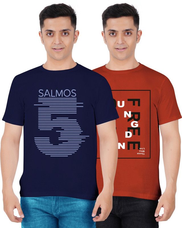 Pack of 2 Mens Tshirt - 160 GSM Jersey knitted Bio washed Fabric,Half sleeve,Round neck. Beautiful Graphic print at front Men Typography Round Neck Cotton Blend Dark Blue, Brown T-Shirt