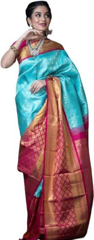 Solid/Plain Kanjivaram Jacquard Saree  (Blue, Pink)