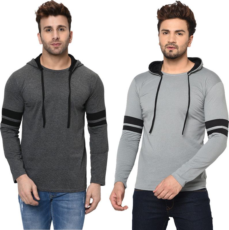 Pack of 2 Hooded T-Shirt Men Solid Hooded Neck Cotton Blend Grey T-Shirt
