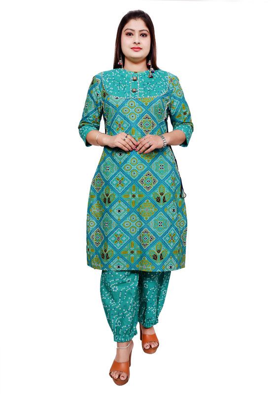 Pack of 2 Women Block Print Cotton Blend A-line Kurta  (Light Green)