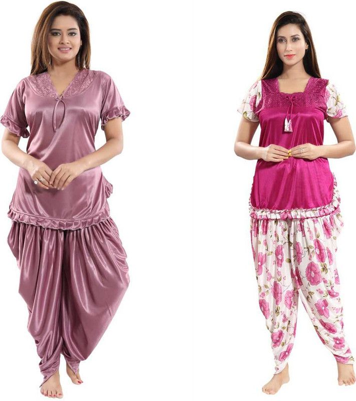 Women Top & Pyjama Set Pink, Purple Printed, Solid
