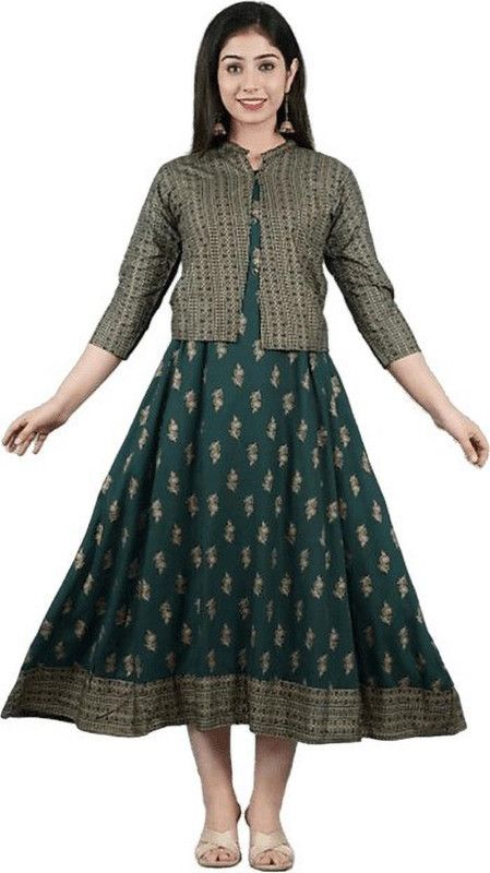 Women Printed Viscose Rayon Anarkali Kurta  (Dark Green, Gold)