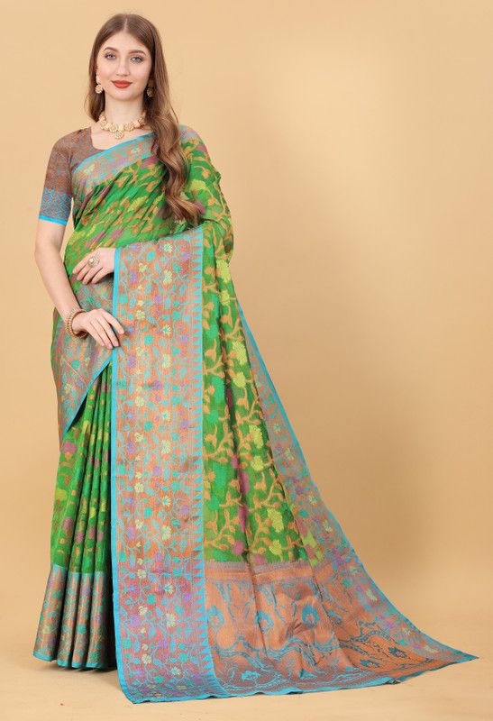 Woven, Solid/Plain Banarasi Jacquard, Pure Silk Saree  (Light Green)