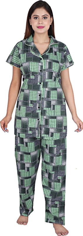 Women Shirt & Pyjama set Light Green, Grey Checkered
