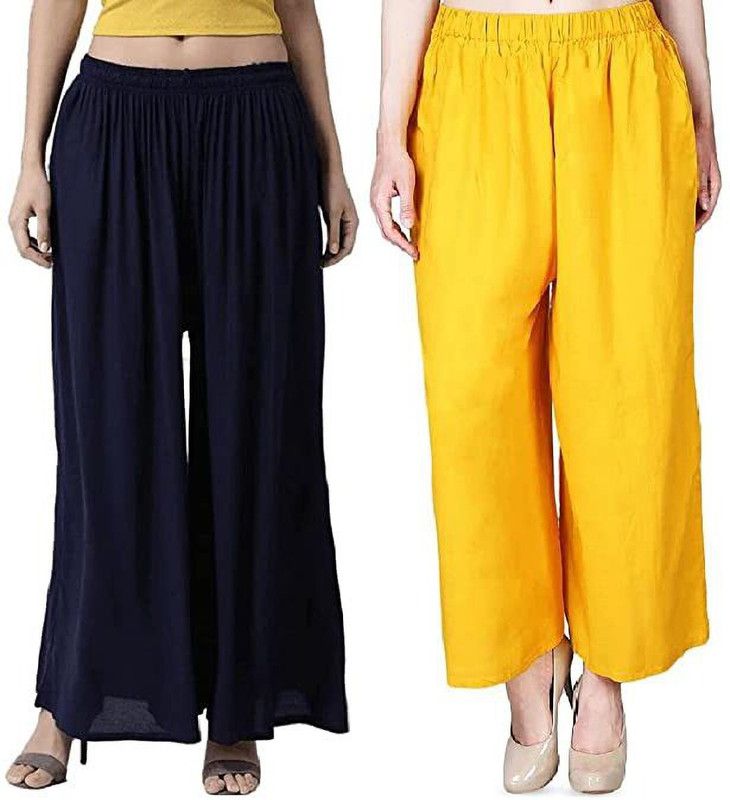 Pack of 2 Women Flared Dark Blue, Yellow Viscose Rayon Trousers