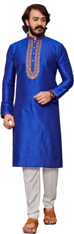 Men Self Design Dupion Silk Straight Kurta  (Blue)