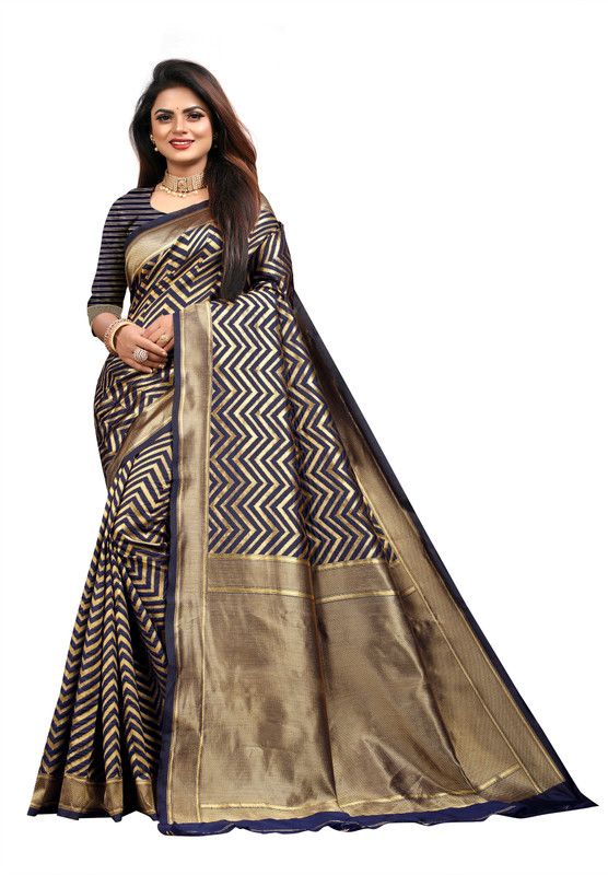 Woven Banarasi Silk Blend Saree  (Dark Blue)