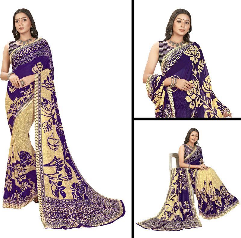 Floral Print Daily Wear Georgette Saree  (Red, Beige)
