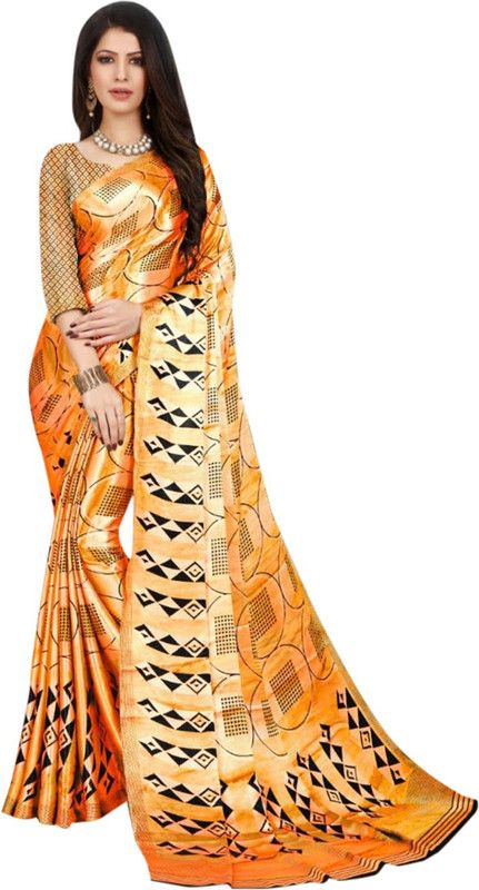Printed Bollywood Silk Blend, Satin Saree  (Orange)