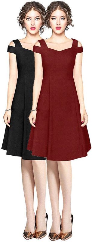 Women Fit and Flare Black, Maroon Dress