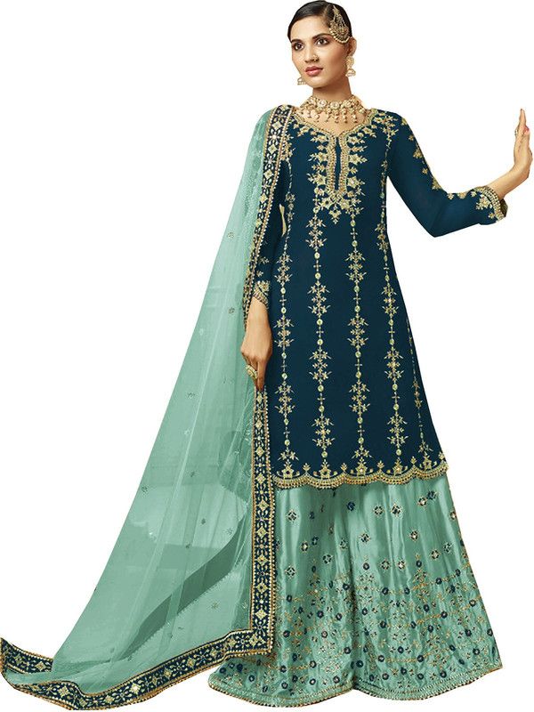 Semi Stitched Georgette Kurta & Sharara Fabric Embroidered