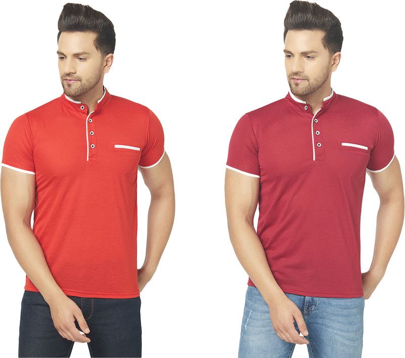 Pack of 2 Henley T-shirt Combo Half Sleeve Men Solid Henley Neck Cotton Blend Red, Maroon T-Shirt