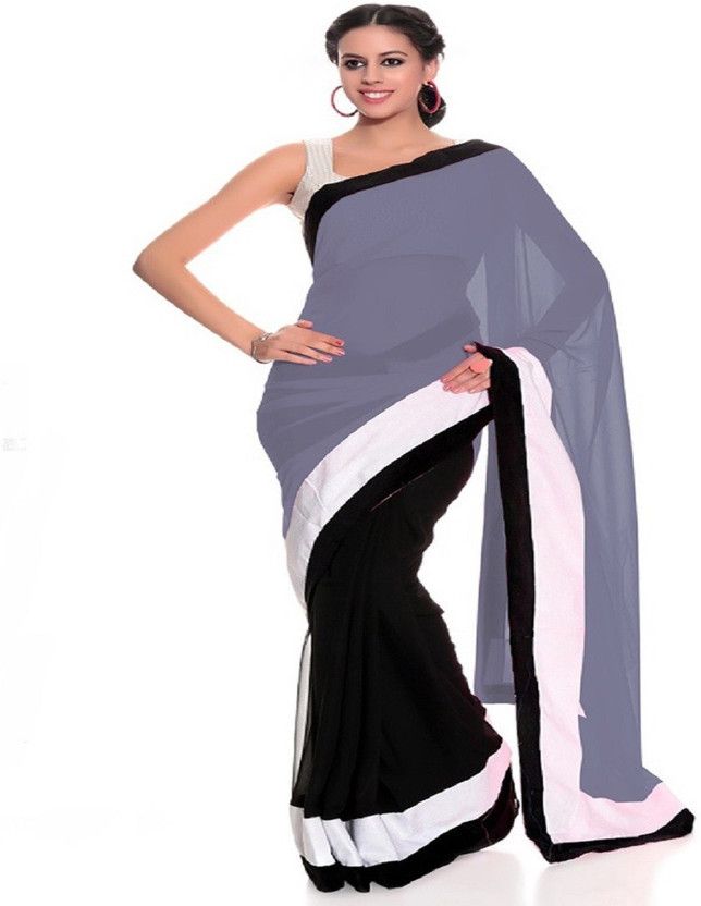 Solid/Plain Bollywood Handloom Chiffon Saree  (Black, Grey)