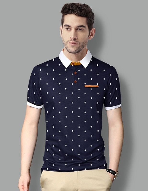 Men Printed Polo Neck Cotton Blend Dark Blue, White T-Shirt