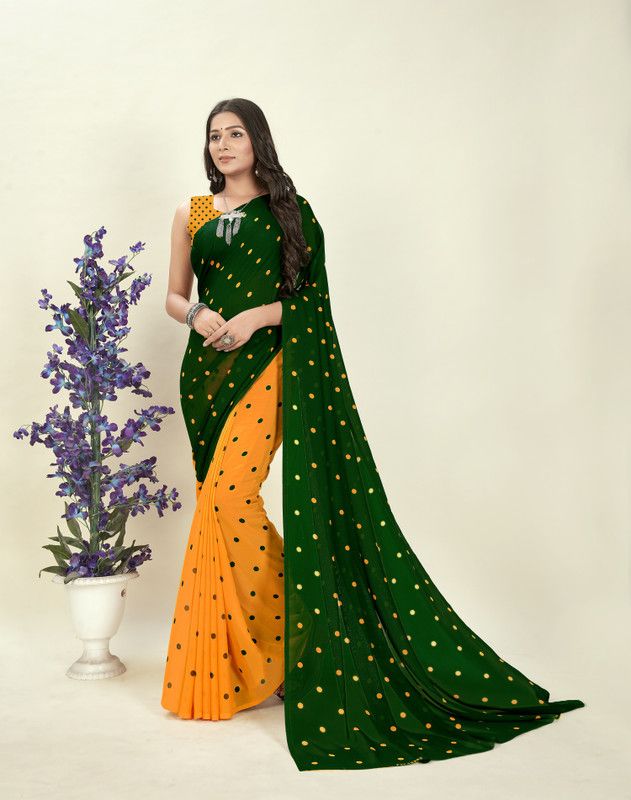 Polka Print Daily Wear Georgette Saree  (Green)
